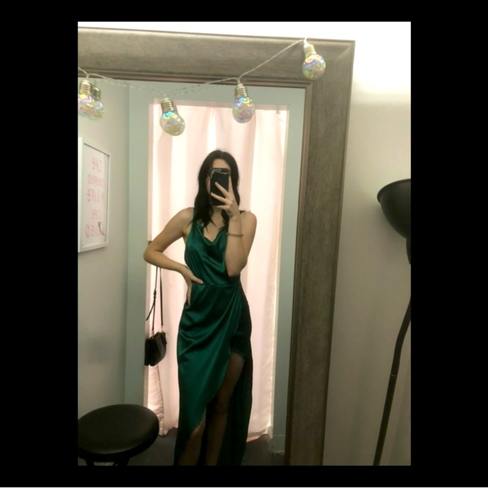 green silk material dress